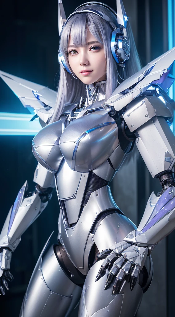 ((Intense action pose:1.6))、((Shining lenses on both breasts:1.3))、((Blue pillars of light are emanating from both chests.:1.3))、smile、((8K)), ((32k)), ((Highest quality)), ((masterpiece)), ((超A high resolution)), ((Tmasterpiece)), ((Halation:1.4))、((Mechaニカルheadgear:1.2))、((Cyber headphones:1.3))、Fine skin, High quality fabric, Fine metal texture、((Beautiful and dense face))、RAW Photos、Professional, Ultra-fine painting, ((alone)), Beautiful breasts、Highest quality, Very detailed, Very detailed詳細, Finer details, so beautiful, ((Princess Knight Robot:1.2)), (Joints of machines, Mechanical Limbs:1.3), (The internal structure of the machine is exposed:1.3), (Long silver hair:1.1), (Beautiful and huge mechanical breasts)、White Veil, cowboy_shot, Side Focus, headgear, Shiny、(Five Fingers, Four fingers and thumb),Concept Art, Anime fantasy artwork, Detailed fantasy art, (with pale blue-violet hair and large white wings,,,,,,,), (((Long silver hair))), (Mecha:1.6)、Sleek and intimidating design, ((Commander-in-Chief'arm)), (Perfect robot body)、純白と青紫armまたは, Symmetrical wings, 8K high quality, detailed art, 3D rendering of character art in 8K, neat legs, Defined, Defined fingers,