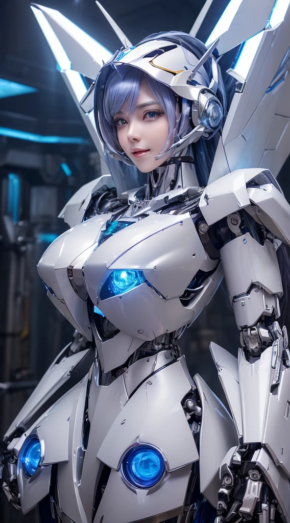 ((Intense action pose:1.6))、((Shining lenses on both breasts:1.3))、((Blue pillars of light are emanating from both chests.:1.3))、smile、((8K)), ((32k)), ((Highest quality)), ((masterpiece)), ((超A high resolution)), ((Tmasterpiece)), ((Halation:1.4))、((Mechaニカルheadgear:1.2))、((Cyber headphones:1.3))、Fine skin, High quality fabric, Fine metal texture、((Beautiful and dense face))、RAW Photos、Professional, Ultra-fine painting, ((alone)), Beautiful breasts、Highest quality, Very detailed, Very detailed詳細, Finer details, so beautiful, ((Princess Knight Robot:1.2)),  (Joints of machines, Mechanical Limbs:1.3), (The internal structure of the machine is exposed:1.3), (Long silver hair:1.1), (Beautiful and huge mechanical breasts)、White Veil, cowboy_shot, Side Focus, headgear, Shiny、(Five Fingers, Four fingers and thumb),Concept Art, Anime fantasy artwork, Detailed fantasy art, (with pale blue-violet hair and large white wings,,,,,,,), (((Long silver hair))), (Mecha:1.6)、Sleek and intimidating design, ((Commander-in-Chief&#39;arm)), (Perfect robot body)、純白と青紫armまたは, Symmetrical wings, 8K high quality, detailed art, 3D rendering of character art in 8K, neat legs, Defined, Defined fingers,