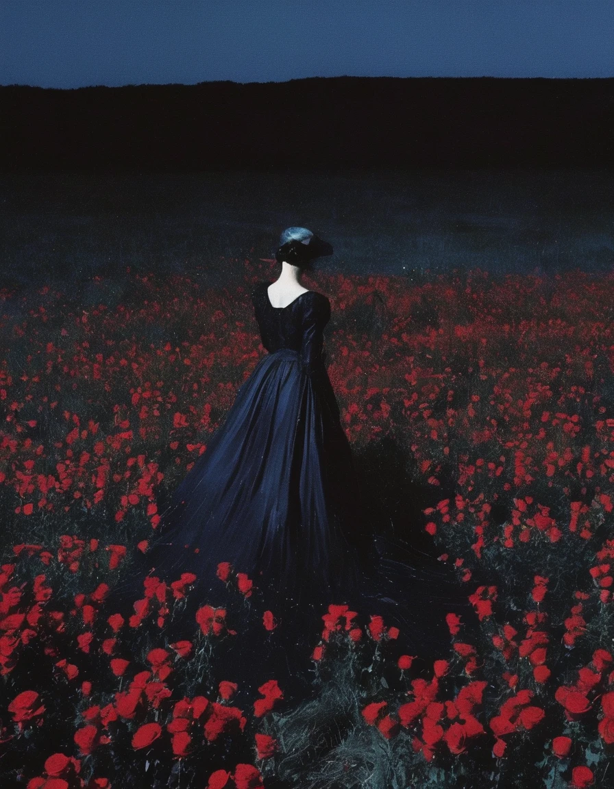 film photography, vintage, long view of red roses field with witch covered in blood , blue dark forest night background