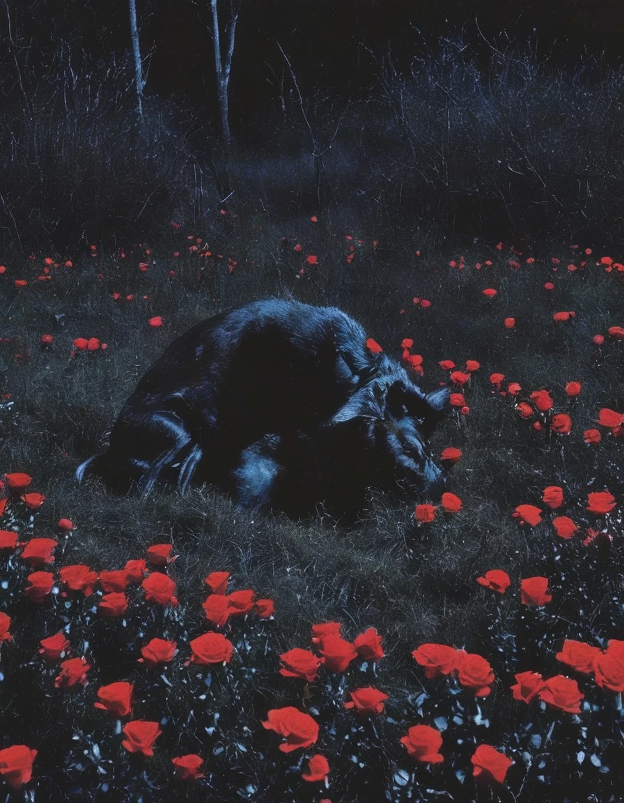 film photography, vintage, long view of red roses field with witch covered in blood , blue dark forest night background