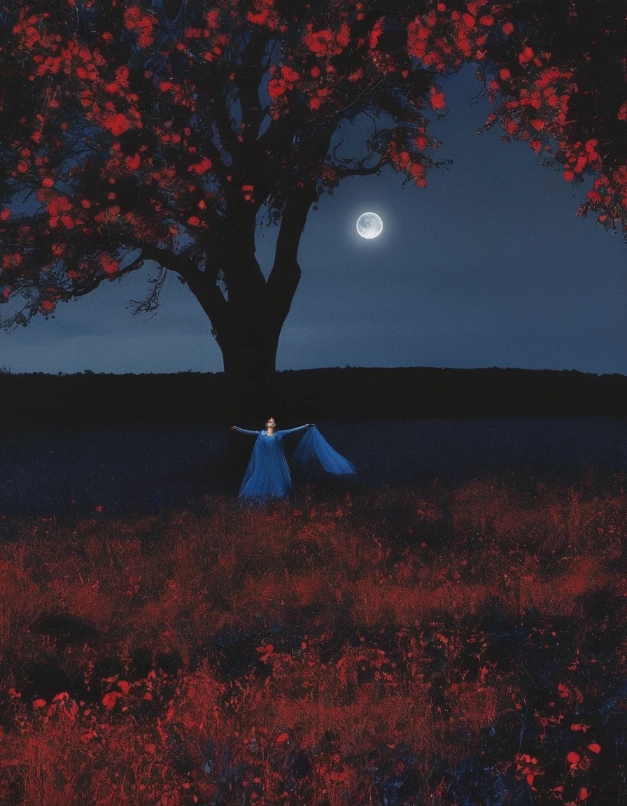 film photography, vintage, long view of red roses field with witch covered in blood , blue dark forest night background