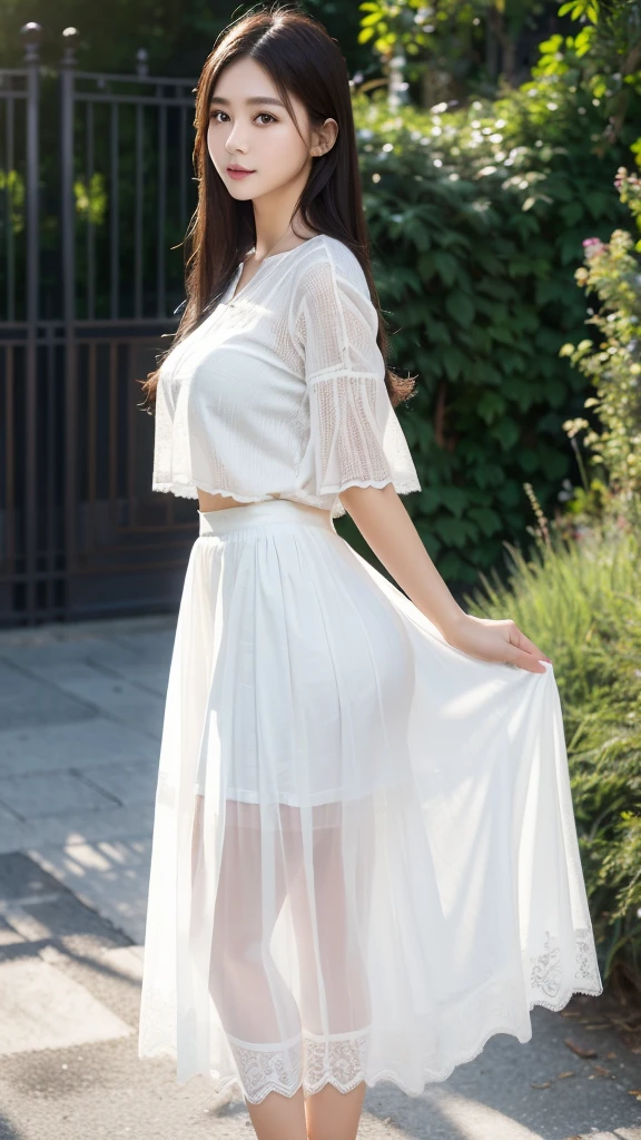 White maxi skirt with lace  、Sheer blouse、(Highest quality)、((Very detailed))、4K、(8K)、masterpiece、Super detailed、Highest quality、Super Resolution、One person、Kind Face、Soft Light、Raw quality、Soft Skin、Heel、Thighs、163cm