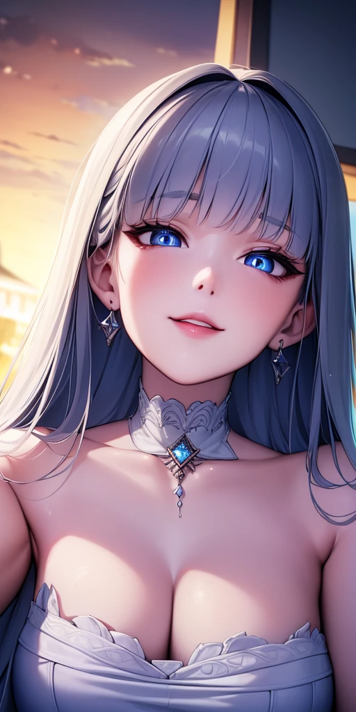 ((masterpiece)), ((highest quality)), (Ultra-detailed), ((Very detailed)), 4K, (8k), highest quality, (beautiful), Animation Style, Looking up from below, bar, evening, Pretty girl, 1 girl, alone, last, beautiful rainbow hair, beautiful blue eyes, ((beautiful eyes)), White skin, Earrings, collar, smile