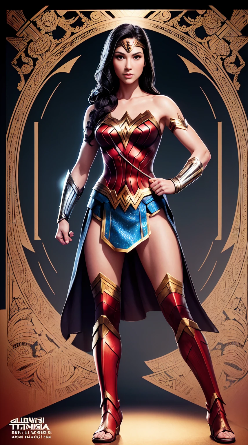 ((Full body photo, standing, feet on the ground))  Wonder Woman, TM Samurai, intricate face details, poster style, icons, vibrant colors, vector style, digital art, 4K, intricate details, mesmerizing, professionally made, beautiful vector illustration, 12K resolution, 3D, all characters in detailed full body, highly detailed, vibrant, ultra high quality, Hyperrealism, Photorealism, octane render]
