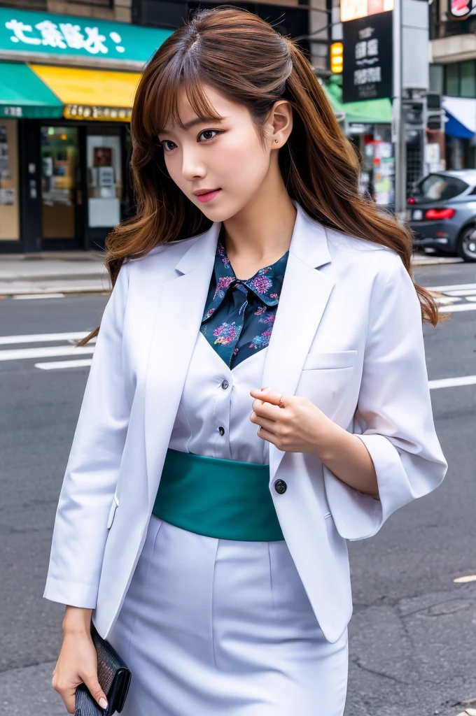 ((Highest quality)), ((masterpiece)), (detailed), Japanese,Street Corner,Beauty,Office Lady