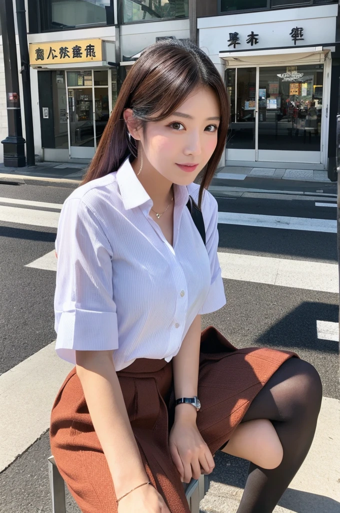 ((Highest quality)), ((masterpiece)), (detailed), Japanese,Street Corner,Beauty,Office Lady