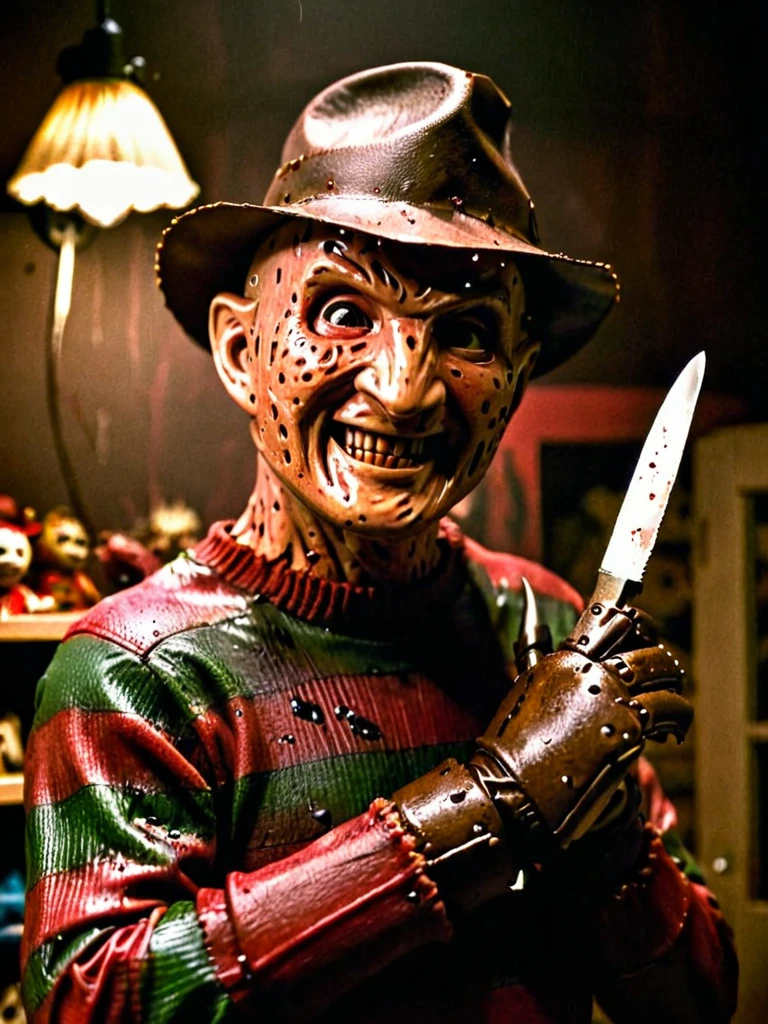 Freddy Krueger in a toys room, dark background, horror lighting, creepy, dirty fornitures, close-up, smiling, cinematic, film still, brown knife glove