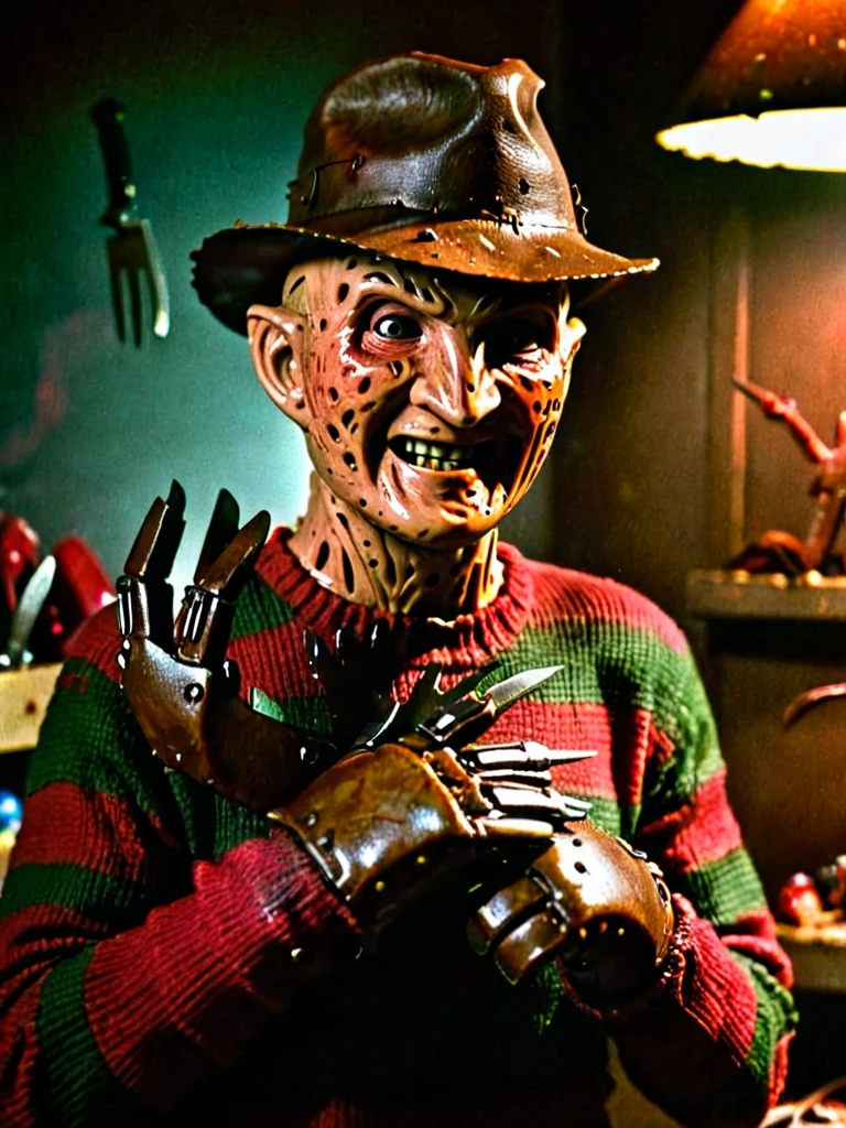 Freddy Krueger in a toys room, dark background, horror lighting, creepy, dirty fornitures, close-up, smiling, cinematic, film still, brown knife glove