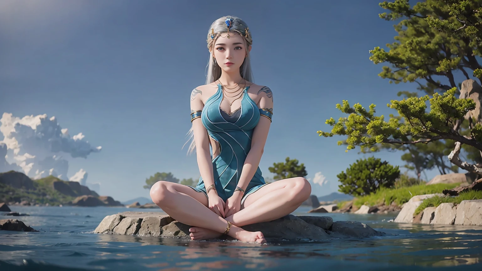 A girl sits on the water with her legs crossed,M Cross-legged,Sitting cross-legged on the water,Legs outward,Full body capture,Full body view,Water Magic,Hands on knees,((Japan sitting figure))