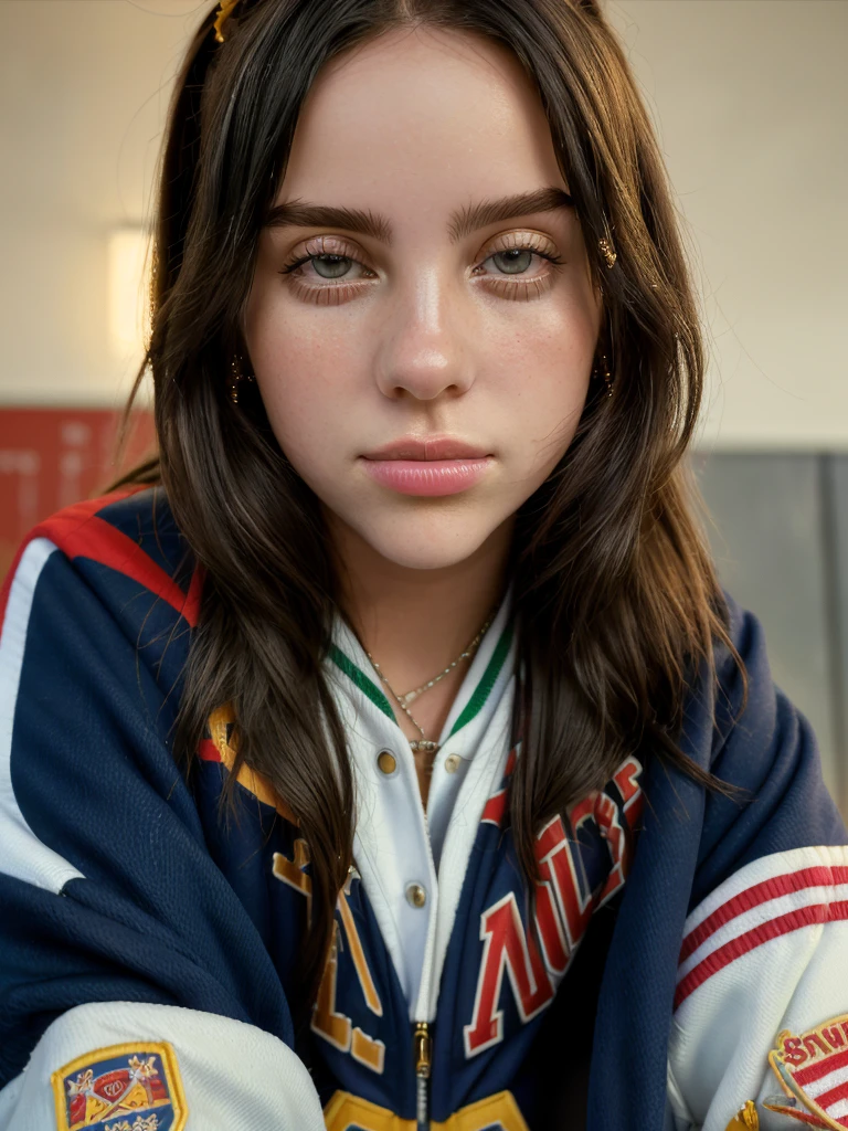 ((Close-up portrait):1.5), A beautiful 22-year-old girl, in a high school in the 90s, sitting on a bleacher, looking at the viewer, wearing a vintage American soccer jacket. ((22-year-old girl:1.5)), ((vintage American soccer jacket:1.5)), ((looking at the viewer:1.5)), (sitting in a bleacher:1.2), (90s themed:1.3), (high school:1.2), 16k, UHD, best quality, high details, anatomically correct, masterpiece, ambient lighting.