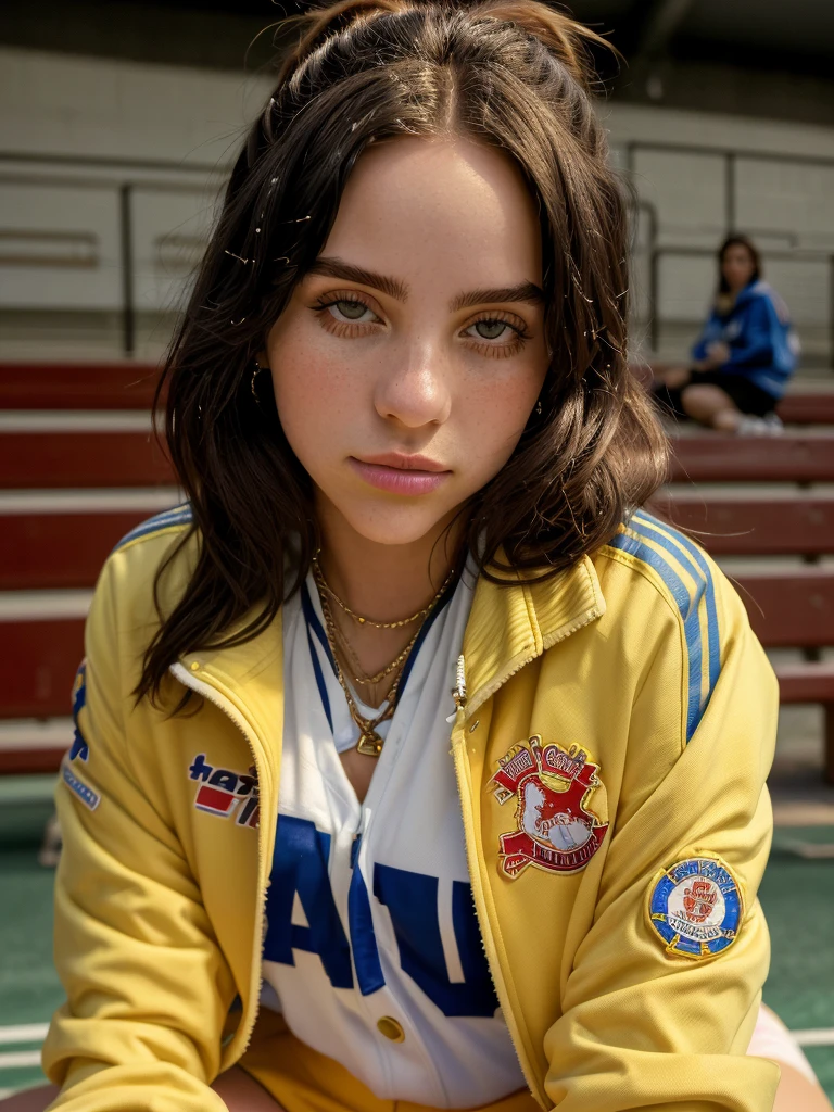 ((Close-up portrait):1.5), A beautiful 22-year-old girl, in a high school in the 90s, sitting on a bleacher, looking at the viewer, wearing a vintage American soccer jacket. ((22-year-old girl:1.5)), ((vintage American soccer jacket:1.5)), ((looking at the viewer:1.5)), (sitting in a bleacher:1.2), (90s themed:1.3), (high school:1.2), 16k, UHD, best quality, high details, anatomically correct, masterpiece, ambient lighting.