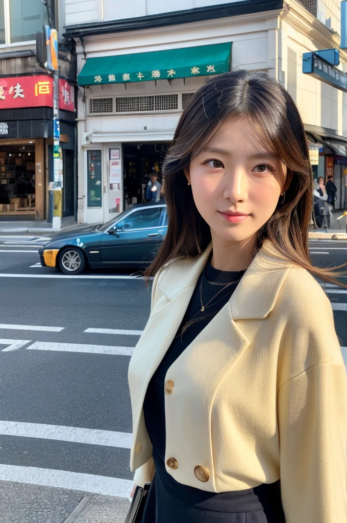 ((Highest quality)), ((masterpiece)), (detailed), Japanese,Street Corner,Beauty,Office Lady