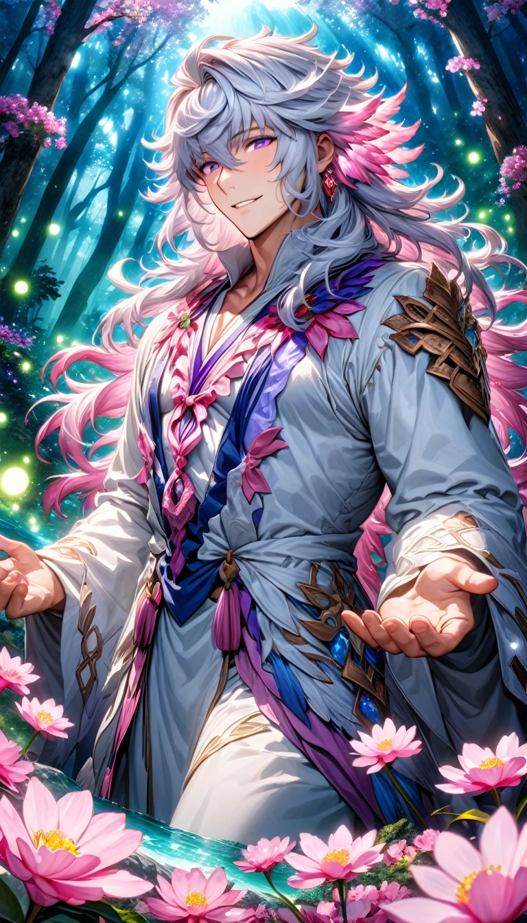 absurdres, highres, ultra detailed, HDR, master piece, Merlin, white long hair, expressive purple eyes, white tunic, Fate Grand Order, sexy man, handsome, best quality, blossoms, pink petals, pink flowers, water, fantasy, magical, blue shining fireflies, solo, forest, handsome smile, magic