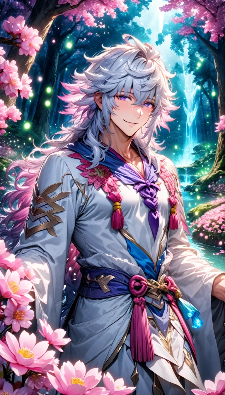 absurdres, highres, ultra detailed, HDR, master piece, Merlin, white long hair, expressive purple eyes, white tunic, Fate Grand Order, sexy man, handsome, best quality, blossoms, pink petals, pink flowers, water, fantasy, magical, blue shining fireflies, solo, forest, handsome smile, magic