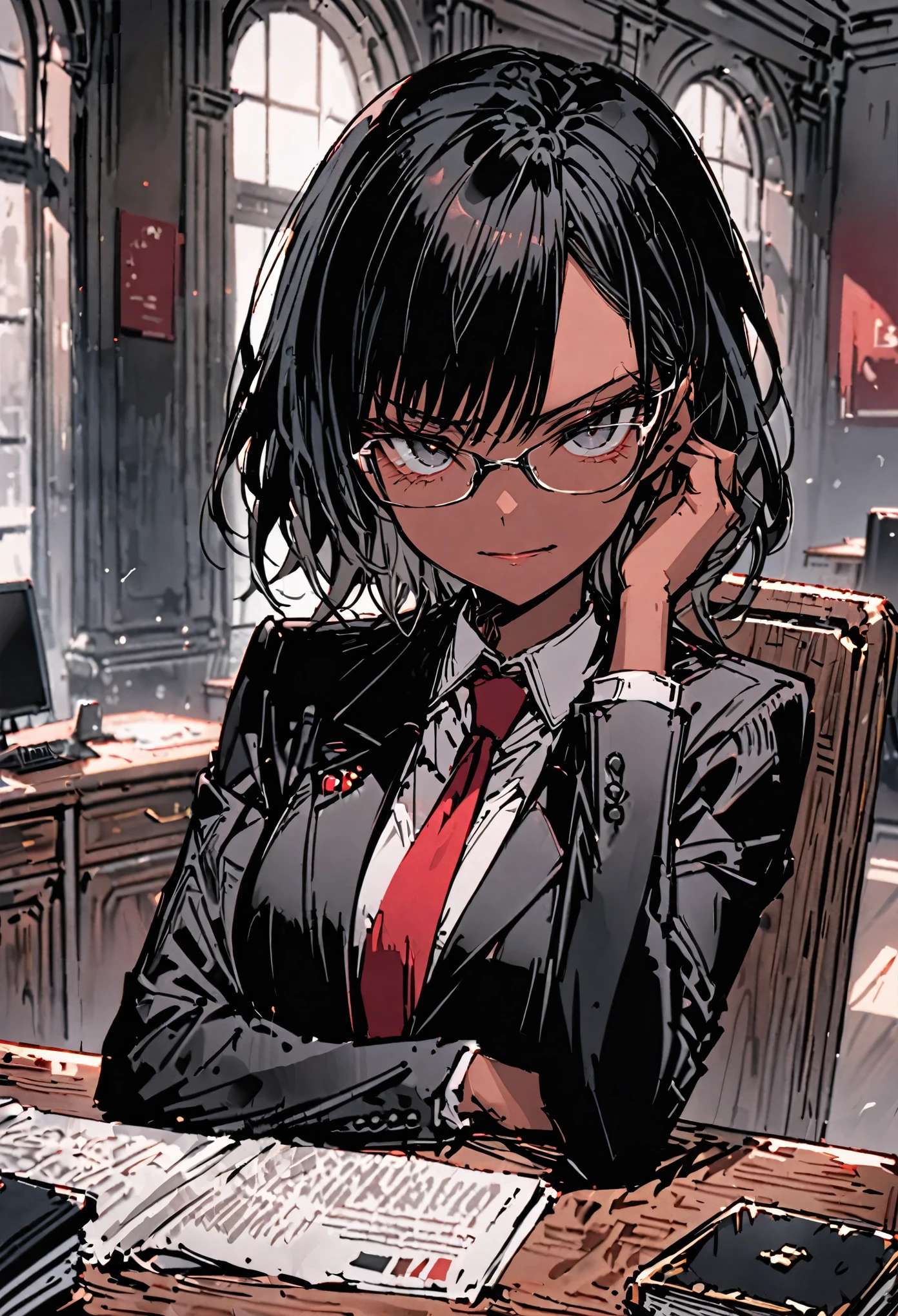 female, glasses, serious, impeccable black business suit, report, elegant hall, politician, smug expression, short black hair, tan skin, black eyes, grey hairs, red necktie, solo, huge wooden desk