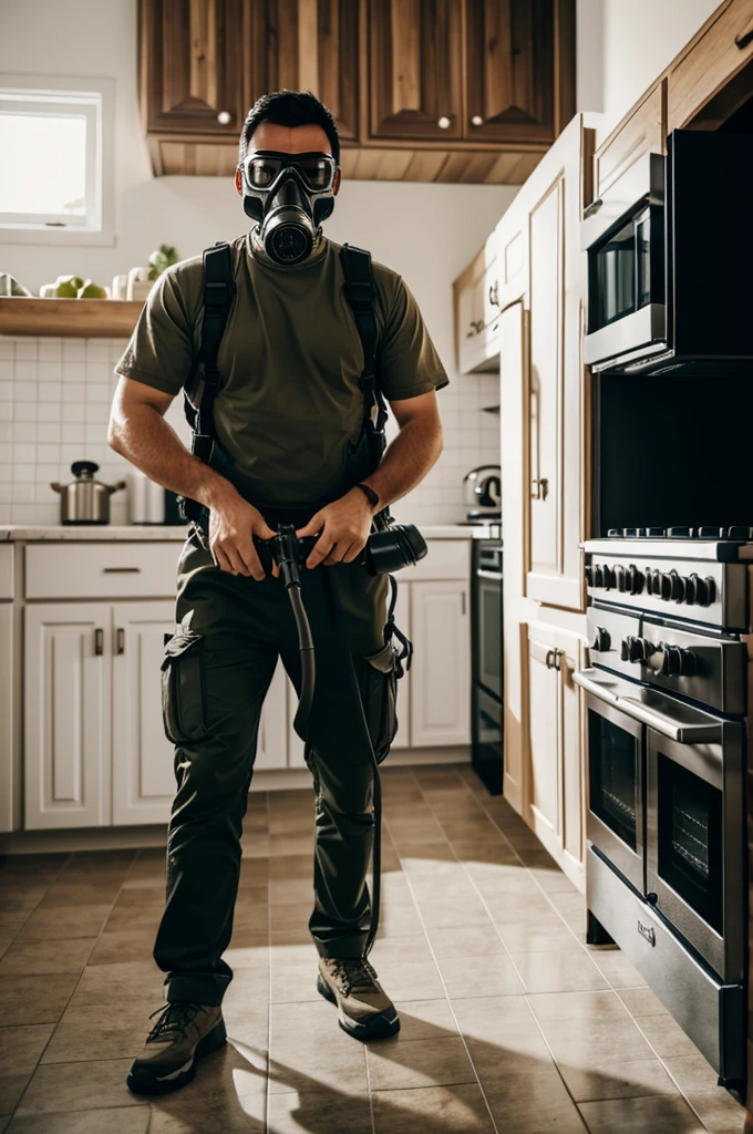 A man fumigating a kitchen with a gas mask