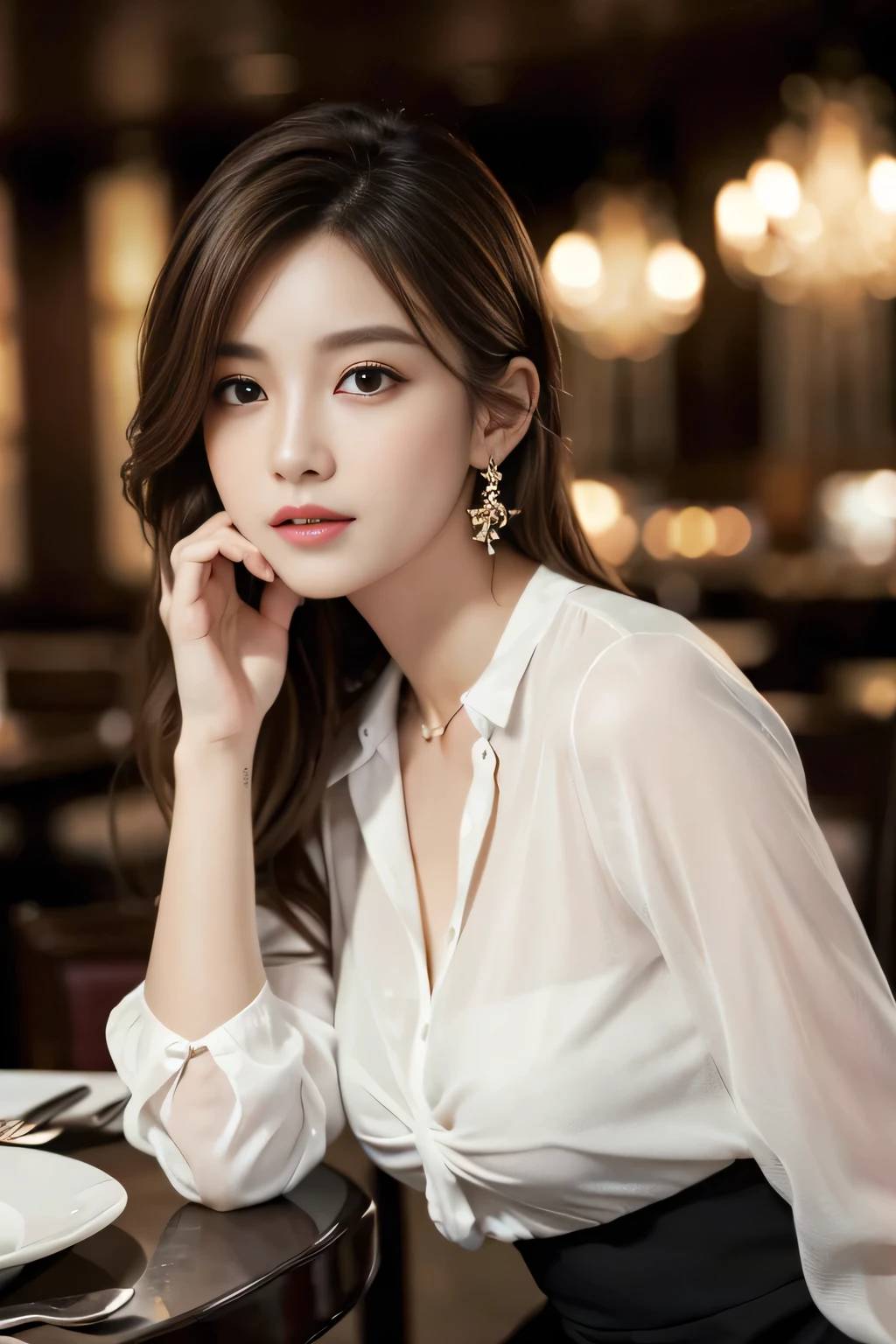 masterpiece, Highest quality, Realistic, Very detailed, Finer details, High resolution, 8k wallpaper, One beautiful woman, Wear an elegant see-through shirt, In a great restaurant, At night, Light brown messy hair, Perfect dynamic composition, Beautiful and beautiful eyes、Big earrings、Sit on a chair、