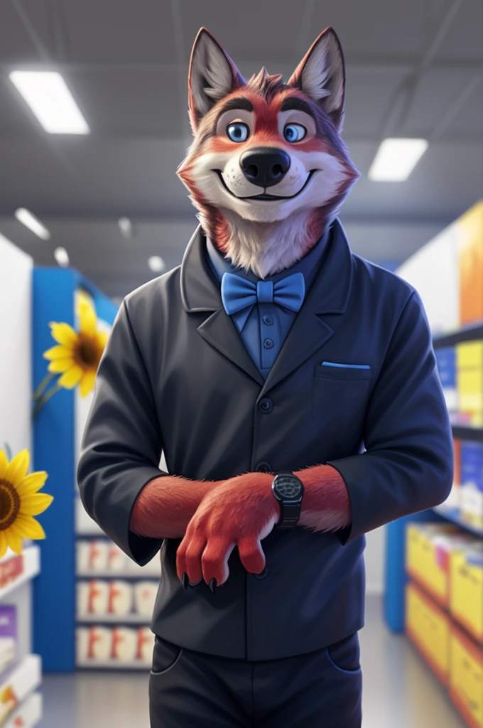 Ivan Fedorovich Wolfbach (Novosibirsk) ,tall handsome, wolf,young, 24 years, brown fur,Kind,(red body:1.3),beautiful blue eyes,Novosibirsk,dressed,black shirt, blue and black ed while bow tie, trousers,canine, wolf, detailed fur, male, Anthro, paw pads, finger claws,at viewer, 5 fingers, paws, 5 fingers, smile, wrist watch, т nextel,by xenoforge, (difficult, high detail, digital photography, soft focus, RAW species театр,very close to the camera, species,Novosibirsk, smile, a good mood, positive, very close to the camera,black shirt белый галстук бабочка, viewers love him,
Photorealism, realistic, photorealistic, digital style, subsurface scattering,looking at the viewer, in the shop, chooses flowers for mom,
masterpiece, Best quality, ultra realistic, 8K)