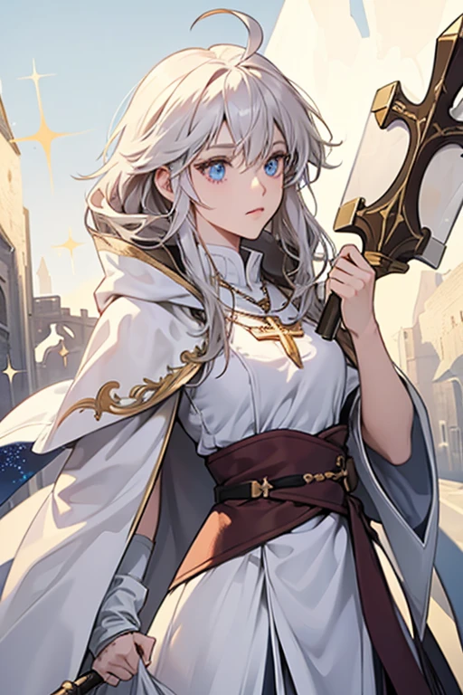 she has a white cloak with the Cross Templar emblazoned on it. sHe wears what appears to be mail armor with a white tunic, the tunic also being emblazoned with the Cross Templar. Around her neck she wears a necklace with a cross, and at her waist she has an elaborate belt. sHe has rather fluffy hair with an ahoge of a similar shape to a bird's wing starting in the front center and sweeping to her right. her eyes are typically shown to either be twinkling or have tiny cross shapes in them. SPARKLE; GLITTER