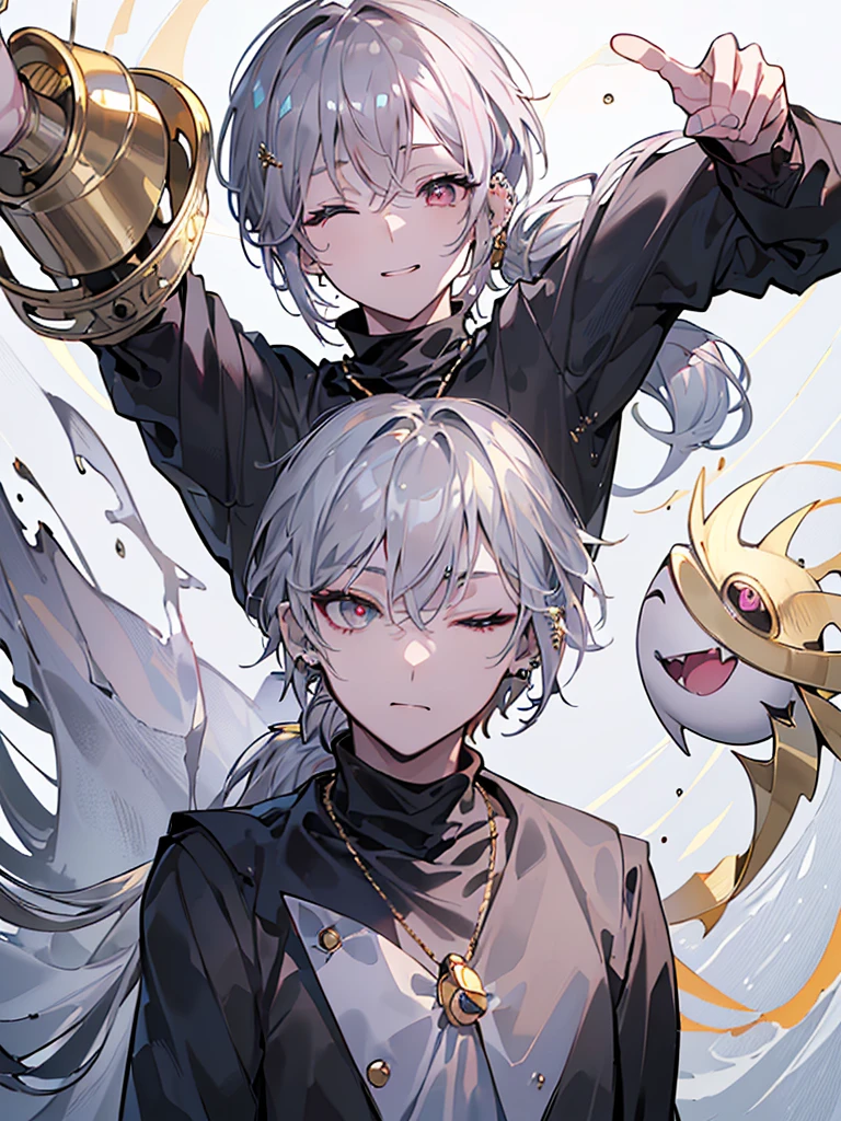 ((((best masterpiece, best quality, wallpaper,)))) solo, guy, male body, small muscles, flat chest, 1male, 30 years old, handsome man, dramatic angle, upper body, looking at viewers, beautiful detailed, finger to mouth, mediumturquoise hair, ((((Lower short ponytail)))), asymmetrical bangs, ((short hair,))  smile, ((( one eye closed, gold eyes,))) (((^o^, tareme, droopy eyes,))) perfect face, sharp nose,  smile, clear face, black turtleneck, grey cardigan, ((silver piercing, silver necklace,)) leggings, lighting back, backlighting, pink background color ultrasharp, 8K, masterpiece,