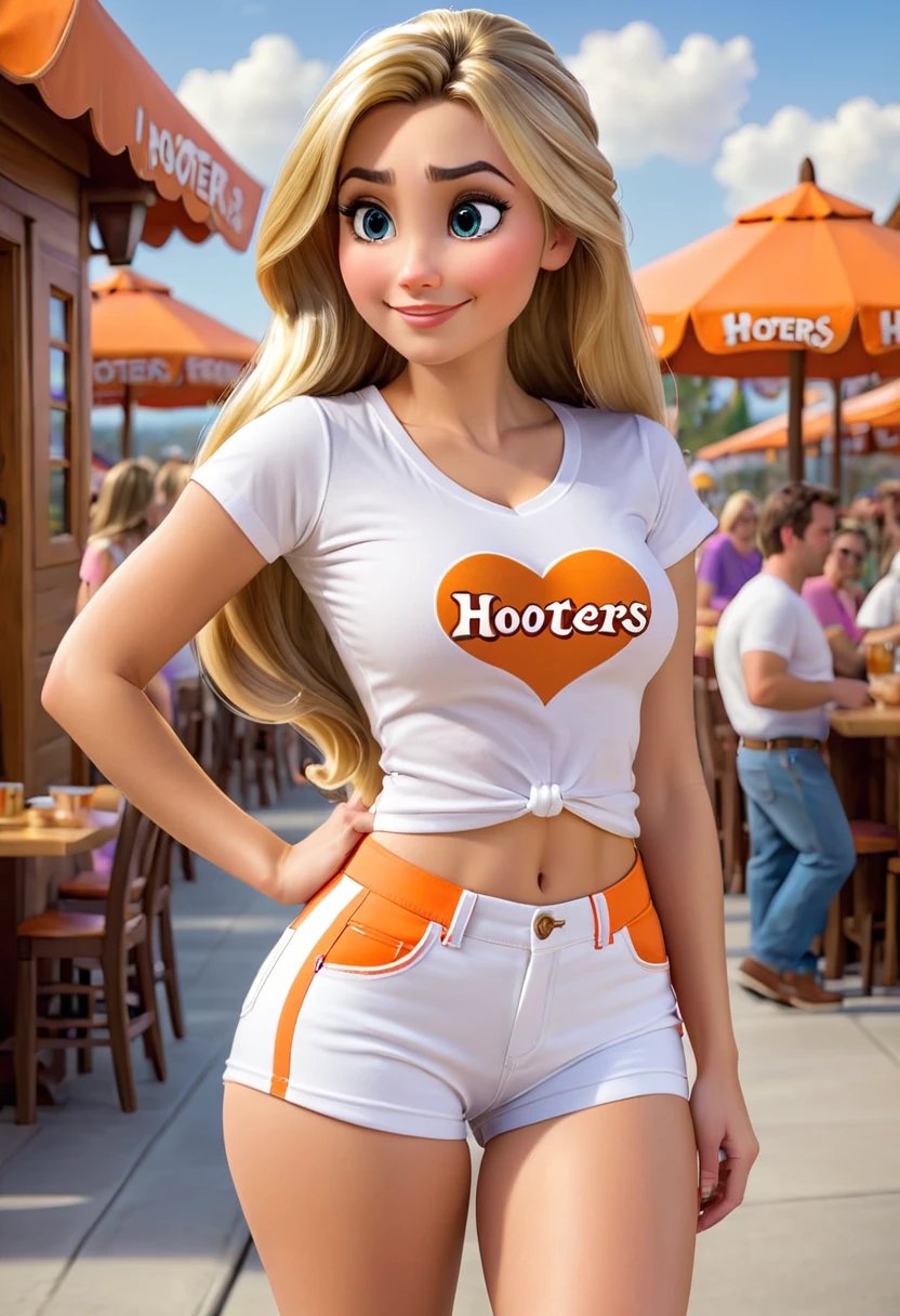 rapunzel from the movie tangled, hooters restaurant, ((realistic hooters white tshirt)), (tight orange spandex shorts), (tshirt tucked into shorts), (tight fitted tshirt), ((pokies))