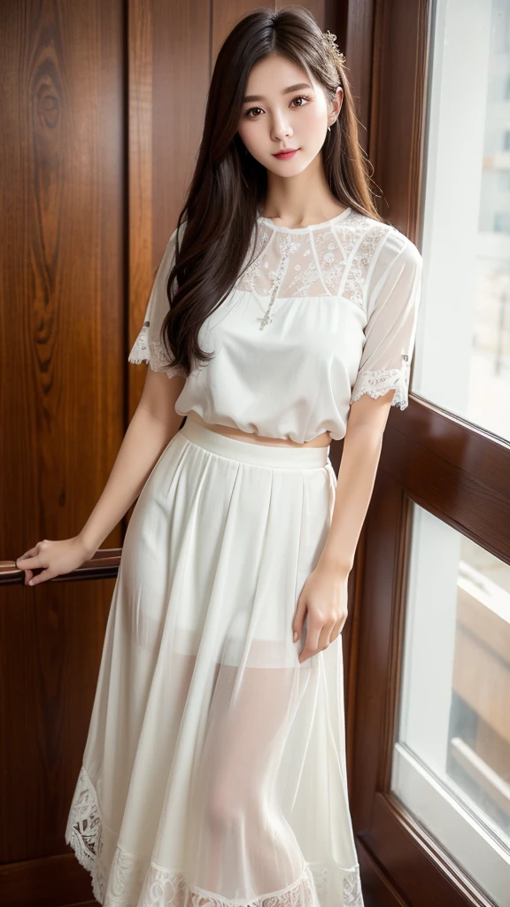 White maxi skirt with lace 、Sheer blouse、(Highest quality)、((Very detailed))、4K、(8K)、masterpiece、Super detailed、Highest quality、Super Resolution、One person、Kind Face、Soft Light、Raw quality、Soft Skin、Heel、Thighs、163cm