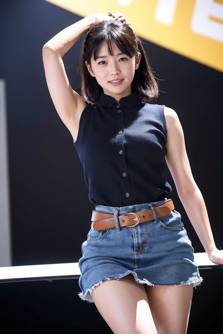 (8K, RAW Photos, Highest quality, masterpiece:1.2), Very detailed, Super Resolution, (Realistic, Realistic Photo:1.37), Portraiture, High-resolution RAW color photos, Professional photos, Very detailedで美新しい, Very detailed, 8K壁紙, Amazing details, Large file size, Official Art, highly detailed CG unity 8K壁紙, Very detailed美少女, Very detailed顔, Very detailed目, Very detailed肌, Very detailed指, Very detailed鼻, Very detailed詳細な口 , Perfect Anatomy, Very detailed背景, Very detailed衣服, 1 Girl, 20th year, Cute girl, Realistic body, small, Fair skin, Glowing Skin , Black Hair , smile,  Cute face, Realistic face, Delicate eyes, Sleeveless blue mini skirt dress, Golden Belt、Looking at the audience, Cowboy Shot,  Dynamic Lighting,