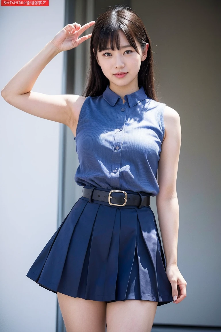 (8K, RAW Photos, Highest quality, masterpiece:1.2), Very detailed, Super Resolution, (Realistic, Realistic Photo:1.37), Portraiture, High-resolution RAW color photos, Professional photos, Very detailedで美新しい, Very detailed, 8K壁紙, Amazing details, Large file size, Official Art, highly detailed CG unity 8K壁紙, Very detailed美少女, Very detailed顔, Very detailed目, Very detailed肌, Very detailed指, Very detailed鼻, Very detailed詳細な口 , Perfect Anatomy, Very detailed背景, Very detailed衣服, 1 Girl, 20th year, Cute girl, Realistic body, small, Fair skin, Glowing Skin , Black Hair , smile, Cute face, Realistic face, Delicate eyes, Sleeveless blue mini skirt dress, Golden Belt、Looking at the audience, Cowboy Shot, Dynamic Lighting,