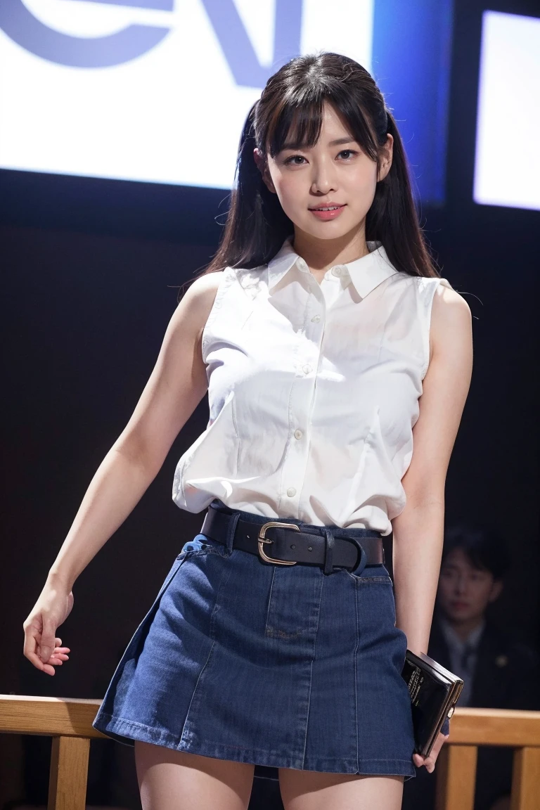 (8K, RAW Photos, Highest quality, masterpiece:1.2), Very detailed, Super Resolution, (Realistic, Realistic Photo:1.37), Portraiture, High-resolution RAW color photos, Professional photos, Very detailedで美新しい, Very detailed, 8K壁紙, Amazing details, Large file size, Official Art, highly detailed CG unity 8K壁紙, Very detailed美少女, Very detailed顔, Very detailed目, Very detailed肌, Very detailed指, Very detailed鼻, Very detailed詳細な口 , Perfect Anatomy, Very detailed背景, Very detailed衣服, 1 Girl, 20th year, Cute girl, Realistic body, small, Fair skin, Glowing Skin , Black Hair , smile,  Cute face, Realistic face, Delicate eyes, Sleeveless blue mini skirt dress, Golden Belt、Looking at the audience, Cowboy Shot,  Dynamic Lighting,