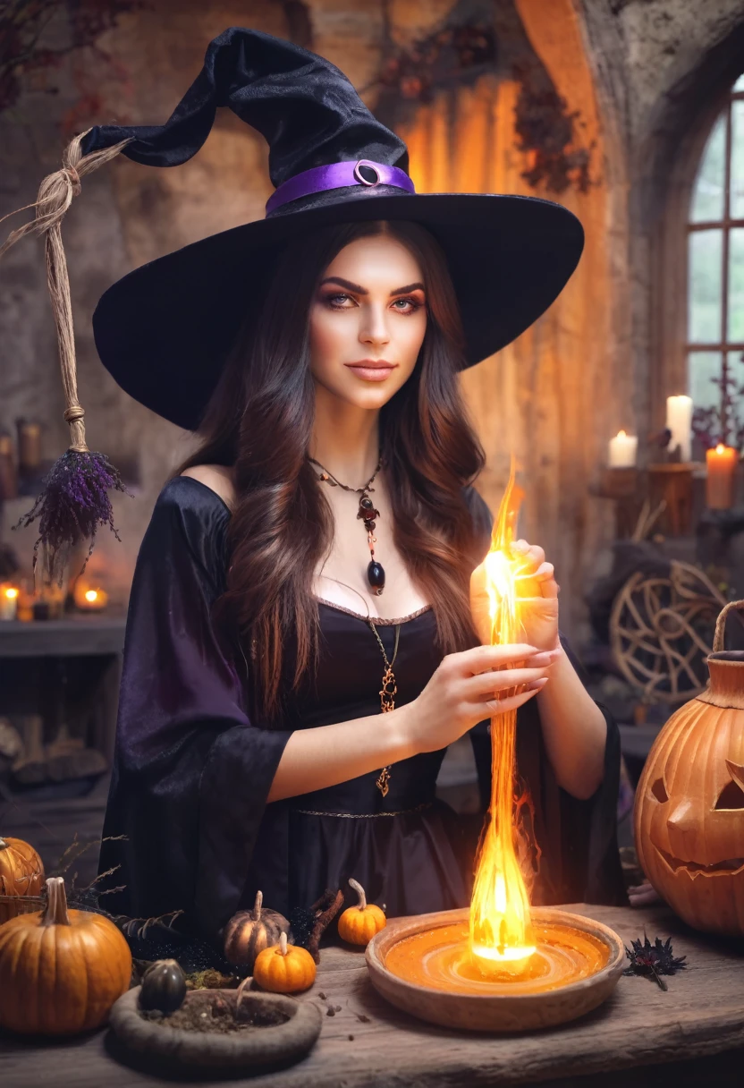 Beautiful witch girl making witchcraft 