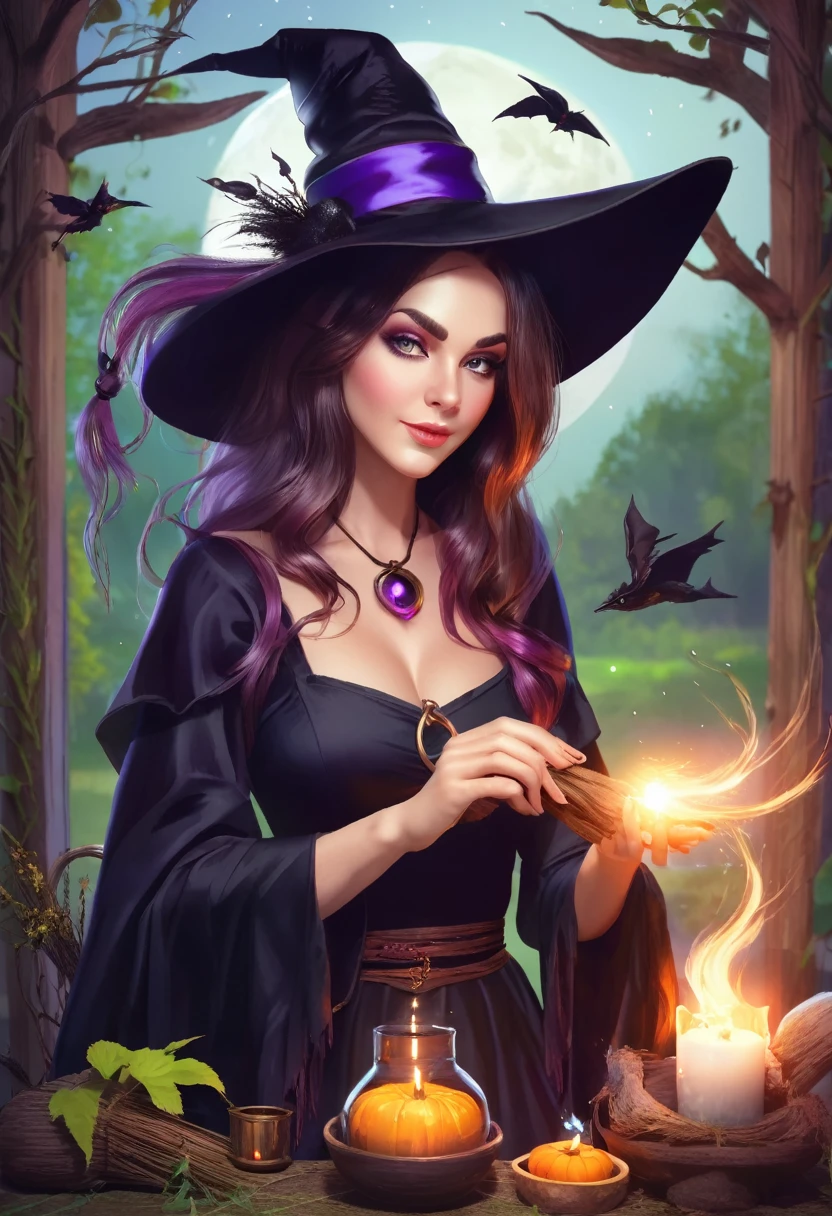 Beautiful witch girl making witchcraft