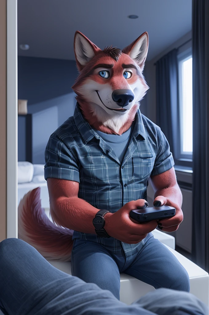 Ivan Fedorovich Wolfbach (Novosibirsk) ,tall handsome, wolf,young, 24 years, brown fur,Kind,(red body:1.3),beautiful blue eyes,Novosibirsk,dressed, plaid shirt, jeans,canine, wolf, detailed fur, male, second, paw pads, finger claws,At the viewer, 5 fingers, paws, 5 fingers, smile, wrist watch, т nextel,by xenoforge, (difficult, high detail, digital photography, soft focus, RAW variety дома, apartment,TV,wall,TV,Very close to the camera, variety,Novosibirsk, smile, good mood, positive, Very close to the camera, plaid shirt,
Photorealism, realistic, photorealistic, digital style, Subsurface scattering,I look at the viewer,is sitting, looks at the mirror, men's cosmetics, perfume perfumery, plaid shirt,
masterpiece, Best quality, ultra realistic, 8 thousand.)