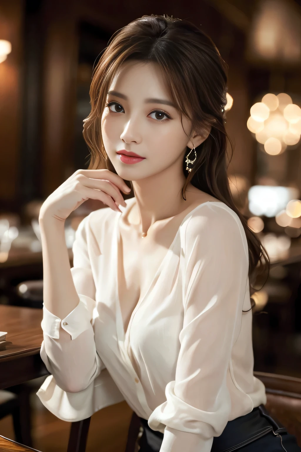 masterpiece, Highest quality, Realistic, Very detailed, Finer details, High resolution, 8k wallpaper, One beautiful woman, Wear an elegant see-through shirt, In a great restaurant, At night, Light brown messy hair, Perfect dynamic composition, Beautiful and beautiful eyes、Big earrings、Sit on a chair、
