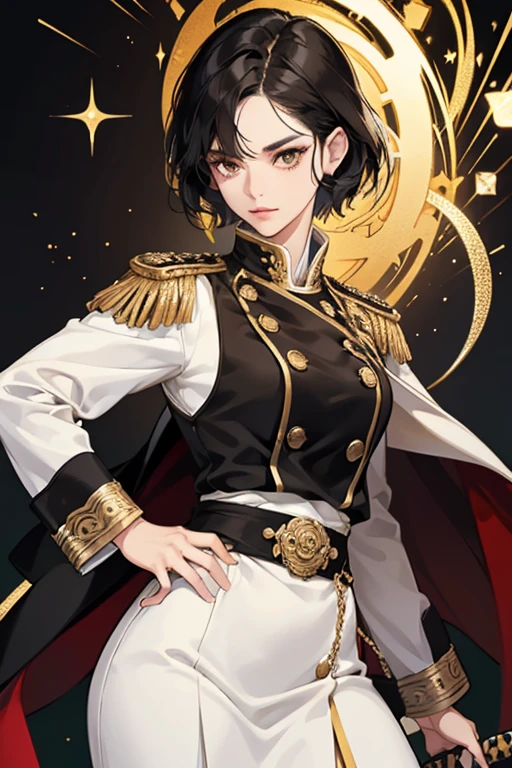 sHe has short black hair, dark brown eyes, wearing a white naval uniform with black and gold accents and a katana sword often at her left hip. wearing a more ornate version, with gold epaulets and frog clasps down in the front of the jacket. SPARKLE; GLITTER