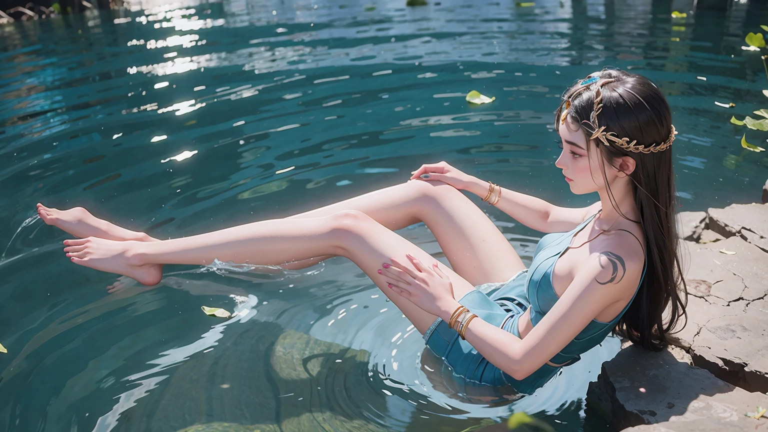 A girl sits on the water with her legs crossed，M Cross-legged，Sitting cross-legged on the water，Legs outward