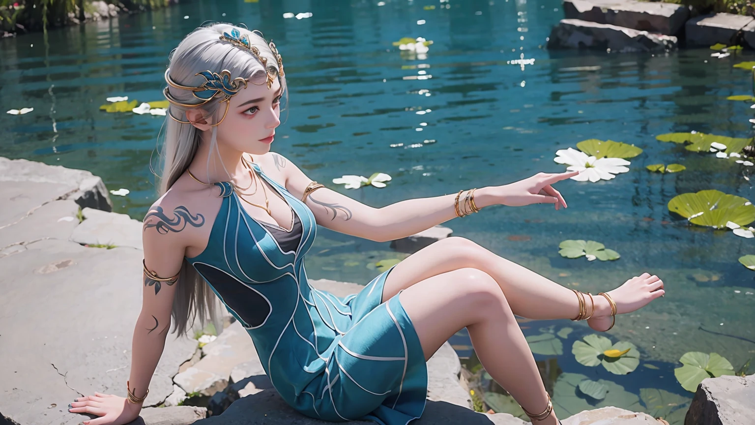 A girl sits on the water with her legs crossed，M Cross-legged，Sitting cross-legged on the water，Legs outward
