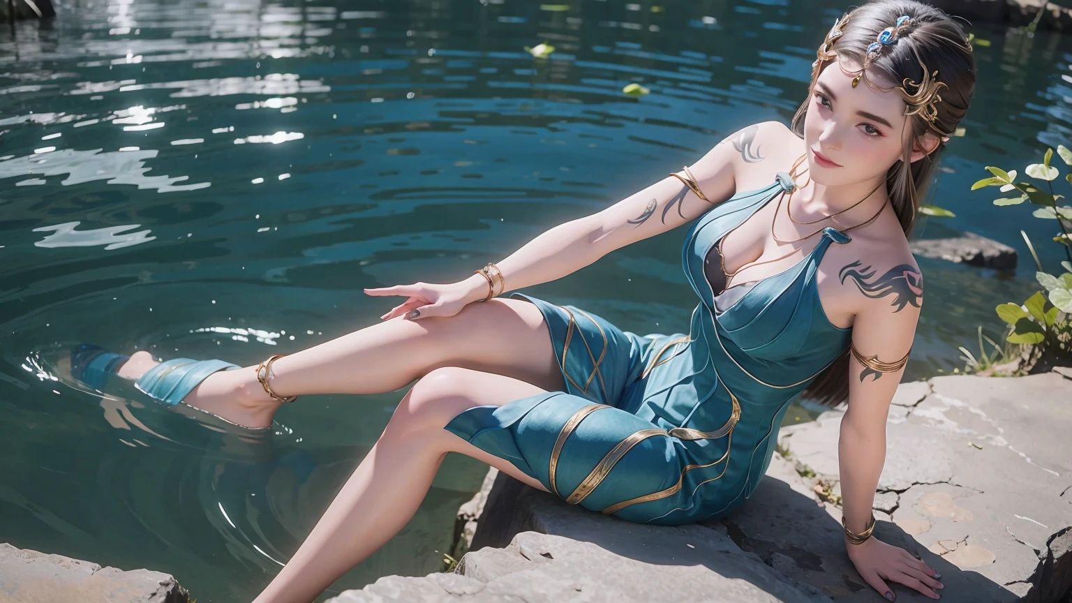 A girl sits on the water with her legs crossed，M Cross-legged，Sitting cross-legged on the water，Legs outward