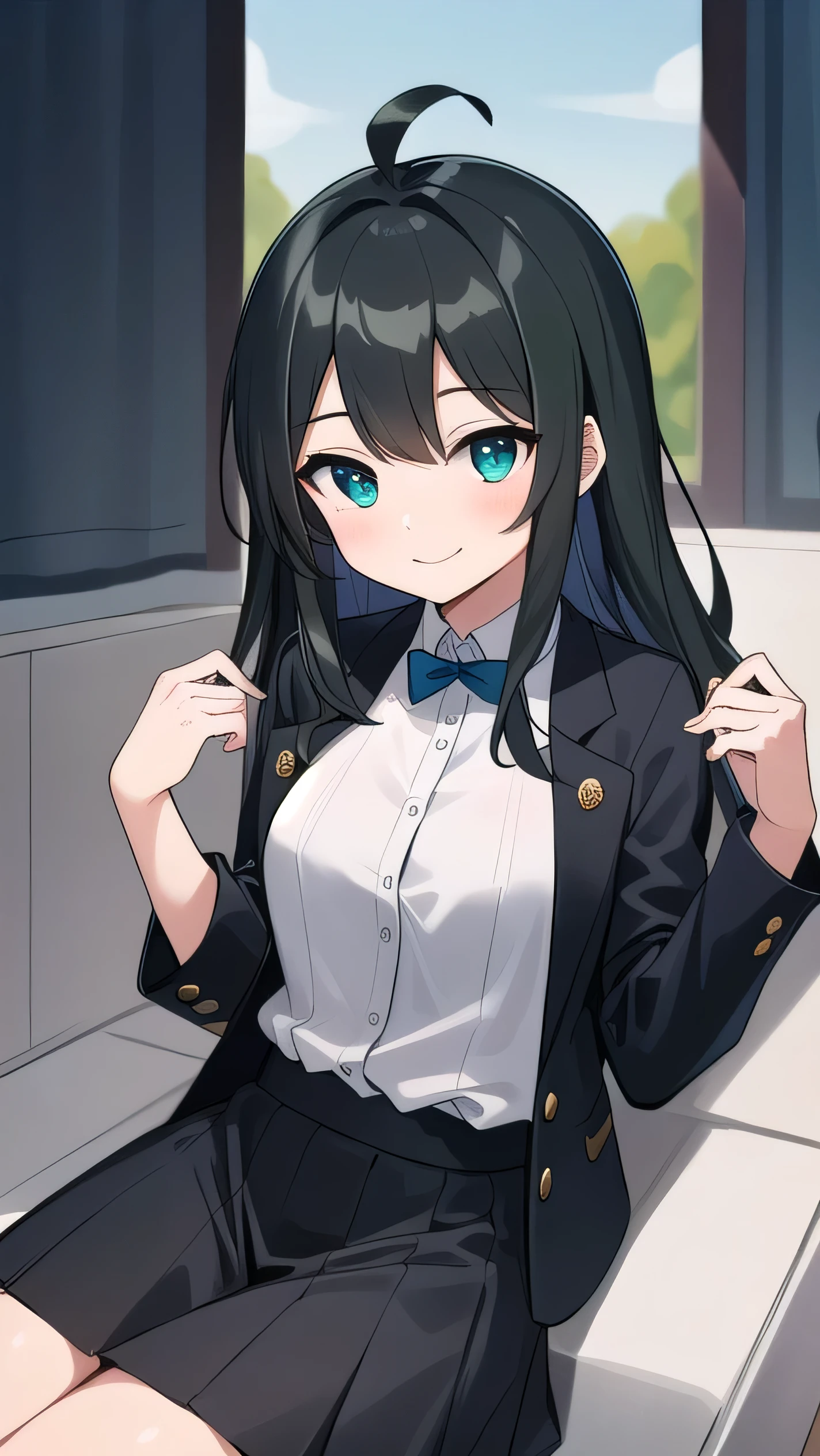 Junior high school student who looks like an elementary school student, 14 years old, very short, 140 cm tall, black hair with a slight green tinge, short ahoge, beautiful long hair but with a little hair sticking out, beautiful round eyes, blue eyes, smile, boyish, big breasts, long hair, childish face, gentle smile, a little shy, black hair with a slight green tinge, boyish, gentle smile, jacket one size larger, ( Deep greenish black hair: 1.3)