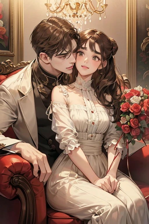 (masutepiece, Digital Art, Digital Illustration, 4K, 8K, Ultra-detailed, beautiful image, Sharp Image, Photorealistic, Raw photo, Perfect face, Perfect lines, Perfect eyes, Soft lighting) 1 woman, (lightbrown hair,Chignon Hair,Innocent look,drooping eyebrows,drooing eyes,with round face,Round jaws、Innocence,cute little,big eye,natural make up,kindly smile,E-cup,23 y-o woman:1.3),Two handsome men in suits, (ember,Men in suits,well-muscled,Firm shoulder width,Adult male,Boyish hairstyle,Man in his 30s with a cool expression,28-year-old man with bright smile:1.2),Antique furnishings,Antique Clamps,Antique chair,chandeliers,Crystal Glass,Luxury,fantastical light,Marble fireplace,(embarrassed from,Shy smile,Bouquet of red roses:1.2),Antique sofa,Leather sofa,the kiss、kiss、a couple、couple kissing、Romance、bachelorette、doress