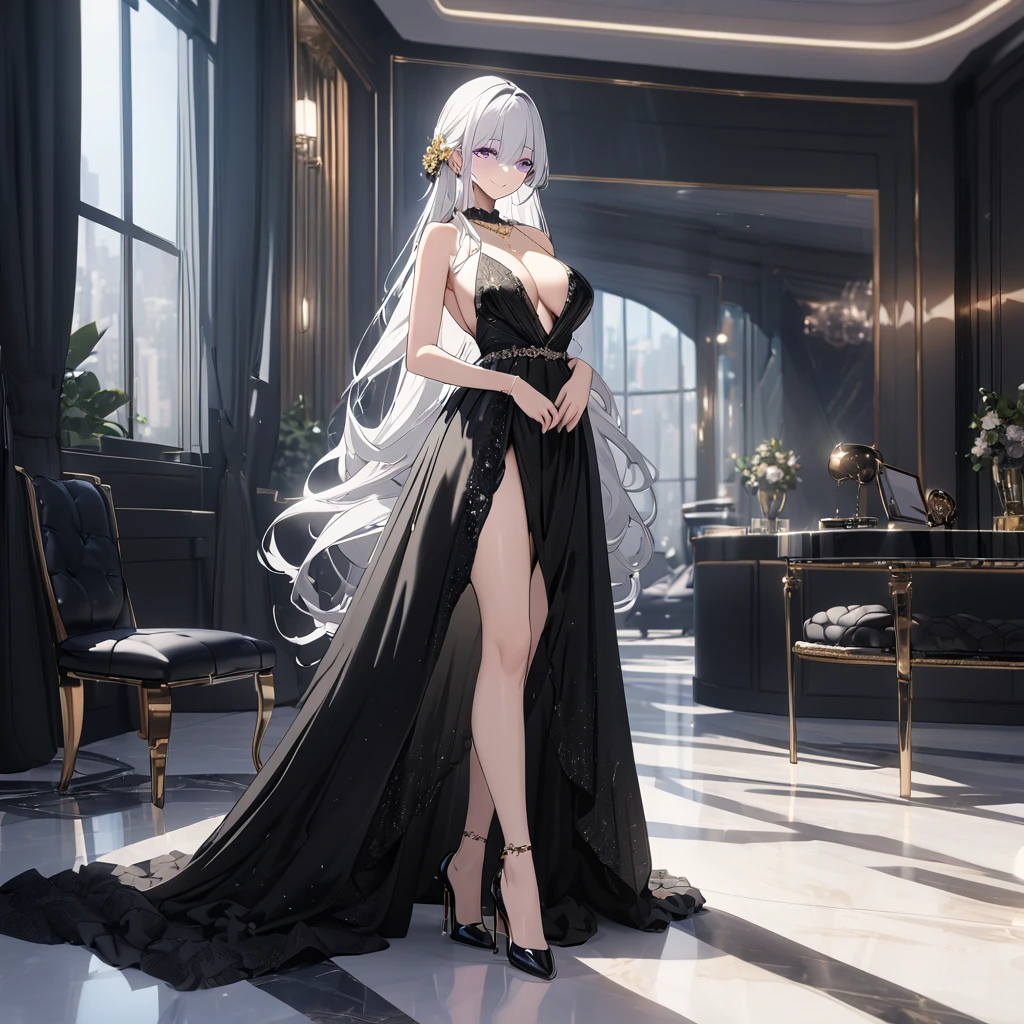 A woman wearing a luxurious black dress,  shoulders, large breasts, golden flowers in her hair, white hair, long hair, purple eyes, smiling, golden necklace around her neck, black heels, in a luxury room, marble floor, windows luxury glass. UHD , prime work , accurate , anatomically correct , textured skin , super details , high quality , best quality, 8k, high resolution, bokeh effect. (woman alone)
