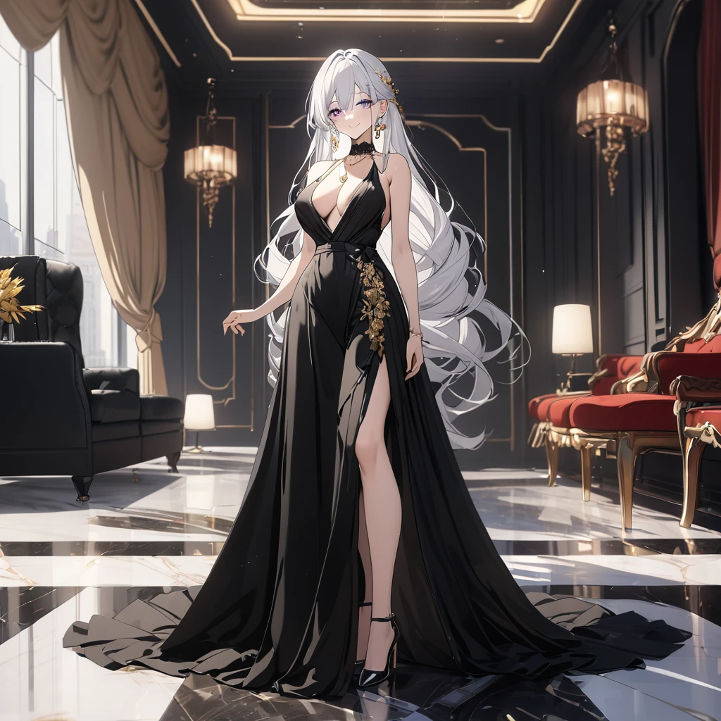 A woman wearing a luxurious black dress, exposed shoulders, large breasts, golden flowers in her hair, white hair, long hair, purple eyes, smiling, golden necklace around her neck, black heels, in a luxury room, marble floor, windows luxury glass. UHD , prime work , accurate , anatomically correct , textured skin , super details , high quality , best quality, 8k, high resolution, bokeh effect. (woman alone)