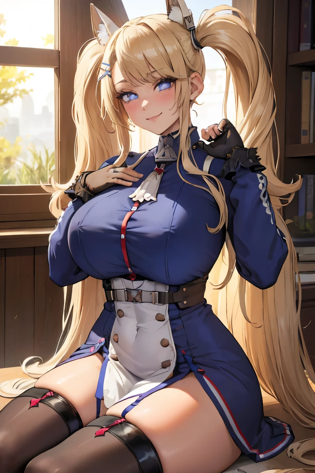 ((paysage campagne ruines)), jambes grasses, (extremely fine and beautiful:1.1), (perfect details:1.1), (finely detailed eyes and detailed face:1.3), Azur Lane, Guam, blonde hair, thighhighs, gloves, fingerless gloves, long hair, long hair, black thighhighs, blue eyes, star-shaped pupils, symbol-shaped pupils, star \(symbol\), hair ornament, twintails, hairclip, looking at viewer, thighs, black gloves, smile, bangs, blush, thick thighs, long sleeves, blue taut dress, jacket, heart, long hair, cowboy shot, sitting, jambes rep