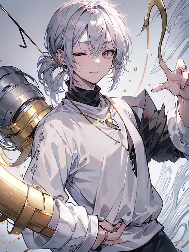 ((((best masterpiece, best quality, wallpaper,)))) solo, guy, male body, small muscles, flat chest, 1male, 30 years old, handsome man, dramatic angle, upper body, looking at viewers, beautiful detailed, finger to mouth, mediumturquoise hair, ((((Lower short ponytail)))), asymmetrical bangs, ((short hair,)) seductive smile, ((( one eye closed, gold eyes,))) (((^o^, tareme, droopy eyes,))) perfect face, sharp nose, seductive smile, clear face, black turtleneck, grey cardigan, ((silver piercing, silver necklace,)) leggings, lighting back, backlighting, pink background color ultrasharp, 8K, masterpiece,
