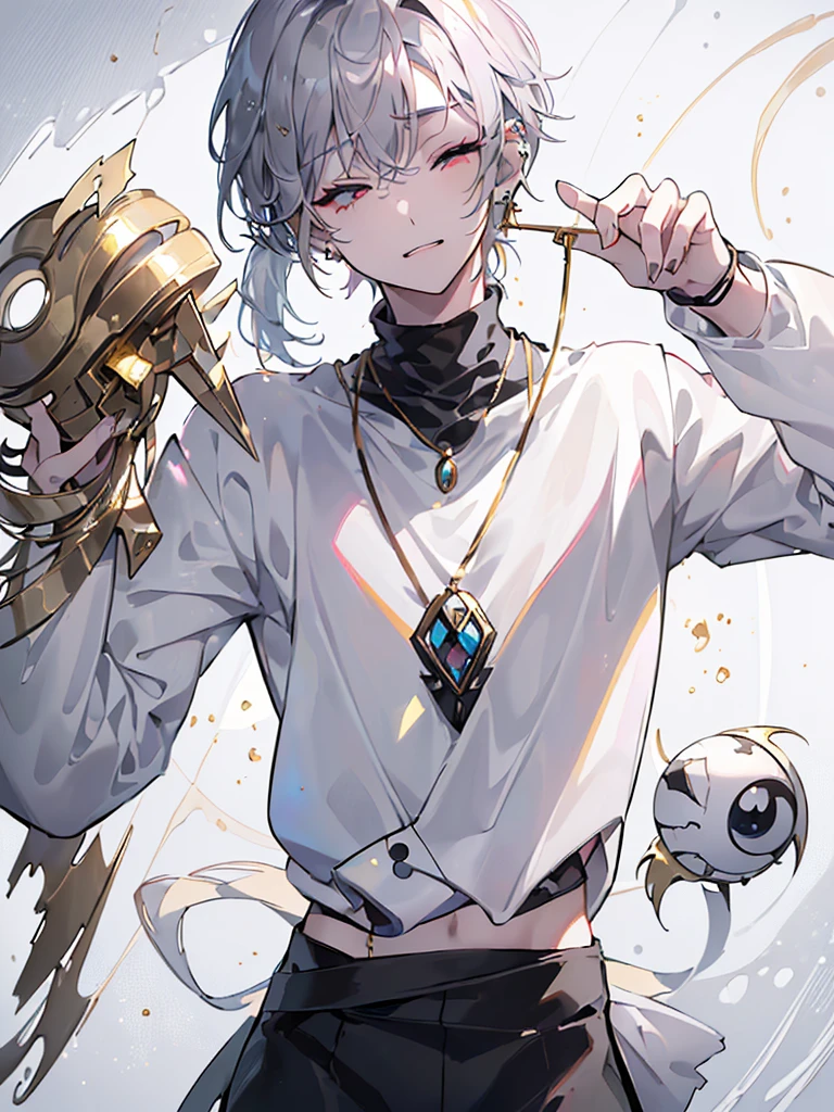 ((((best masterpiece, best quality, wallpaper,)))) solo, guy, male body, small muscles, flat chest, 1male, 30 years old, handsome man, dramatic angle, upper body, looking at viewers, beautiful detailed, finger to mouth, mediumturquoise hair, ((((Lower short ponytail)))), asymmetrical bangs, ((short hair,)) seductive smile, ((( one eye closed, gold eyes,))) (((^o^, tareme, droopy eyes,))) perfect face, sharp nose, seductive smile, clear face, black turtleneck, grey cardigan, ((silver piercing, silver necklace,)) leggings, lighting back, backlighting, pink background color ultrasharp, 8K, masterpiece,