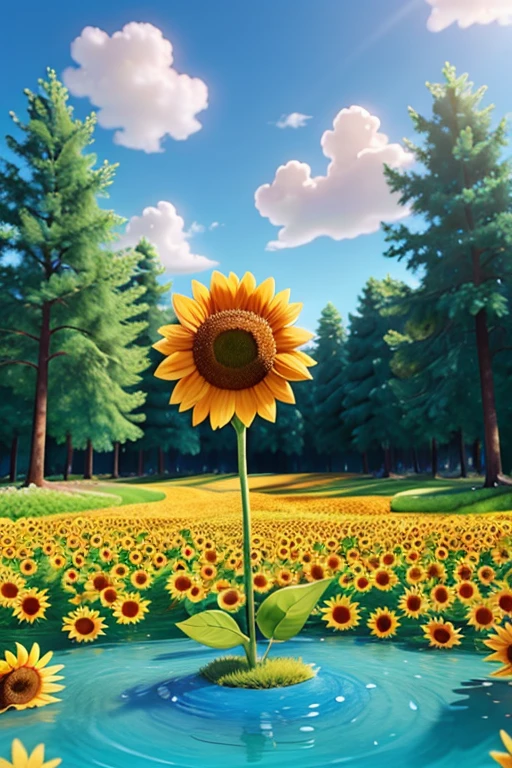 
sunflower flower,forest surrounded by crystal clear water and blue sky with clouds,disney pixar