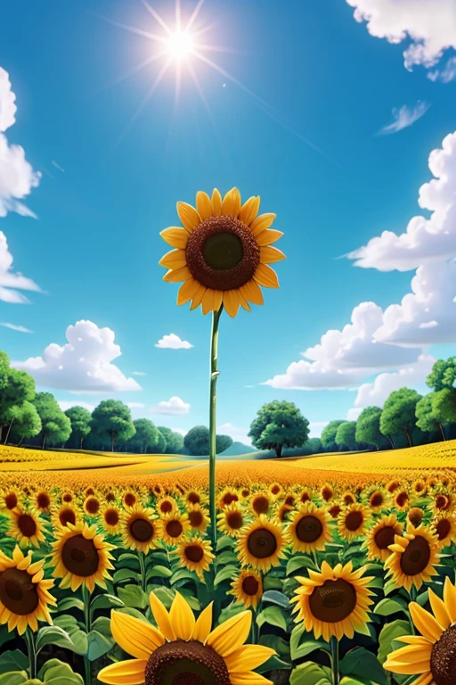 
sunflower flower,forest surrounded by crystal clear water and blue sky with clouds,disney pixar