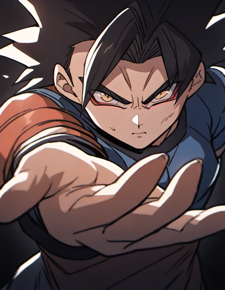 1boy, Goku \(Dragon Ball\), arknights, dirty face, outstretched hand, close-up, cinematic angle, foreshortening, dark, dark background, masterpiece, best quality