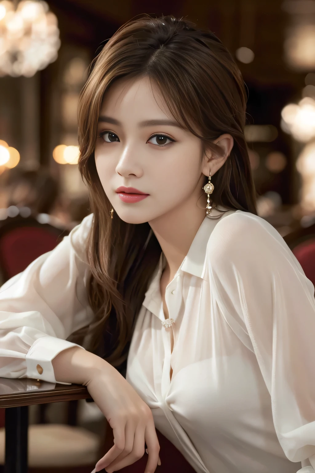 masterpiece, Highest quality, Realistic, Very detailed, Finer details, High resolution, 8k wallpaper, One beautiful woman, Wear an elegant see-through shirt, In a great restaurant, At night, Light brown messy hair, Perfect dynamic composition, Beautiful and beautiful eyes、Big earrings、Sit on a chair、