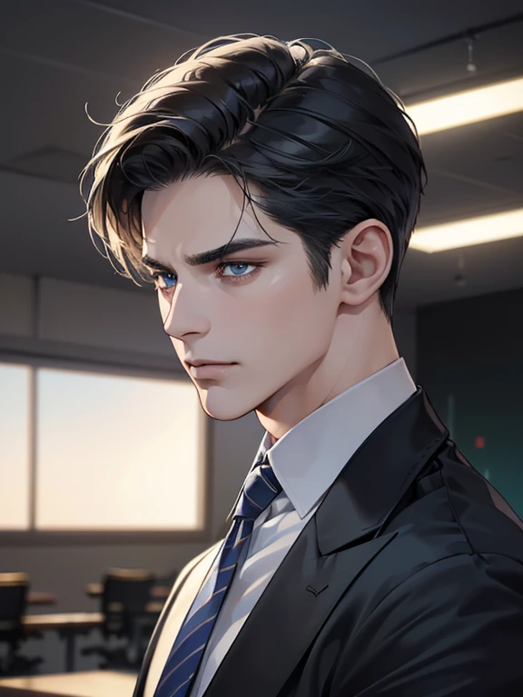 (best quality, masterpiece, 8K, photorealistic, cinematic lighting, hdr image, ultra detailed, beautiful image), 1 man, 31 years old, mature man, very handsome, (without expression, serious), short black hair, blue eyes ( penetrating gaze), imposing posture, businessman, office background
