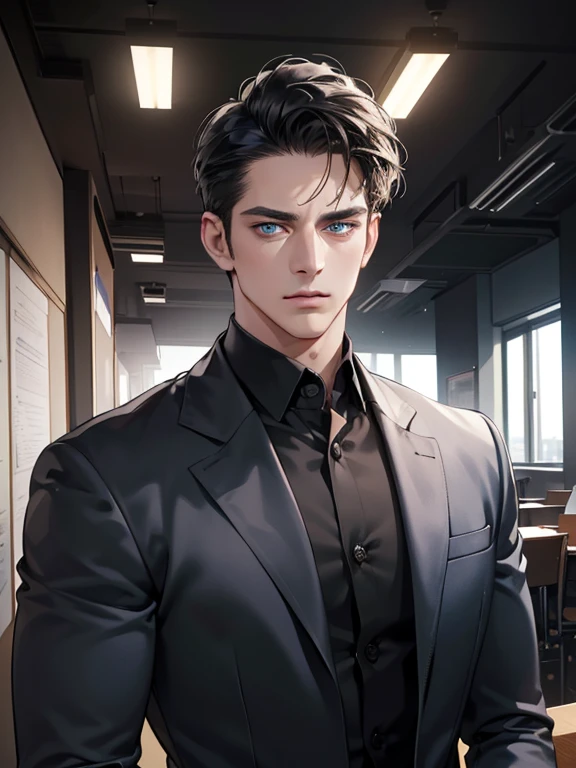 (best quality, masterpiece, 8K, photorealistic, cinematic lighting, hdr image, ultra detailed, beautiful image), 1 man, 31 years old, mature man, very handsome, (without expression, serious), short black hair, blue eyes ( penetrating gaze), imposing posture, businessman, office background